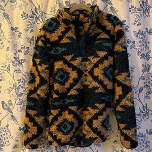 Cozy Geo Sherpa Turtleneck Pullover - tan/brown/Teal/Black